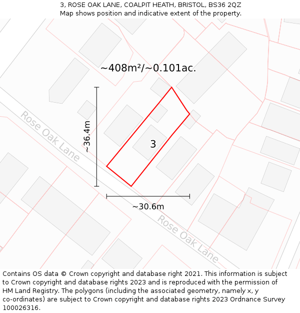 3, ROSE OAK LANE, COALPIT HEATH, BRISTOL, BS36 2QZ: Plot and title map