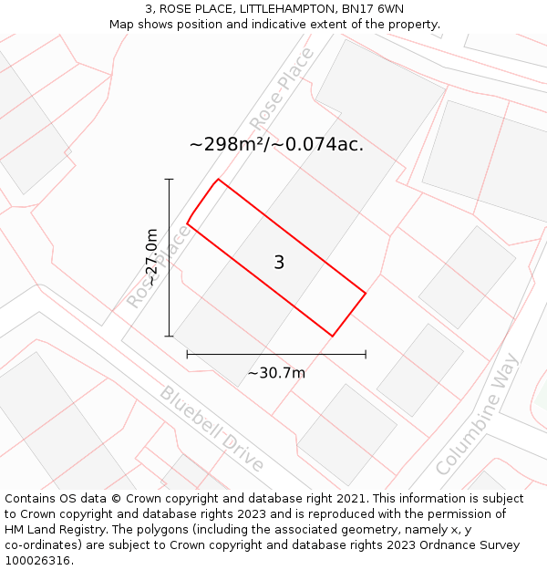 3, ROSE PLACE, LITTLEHAMPTON, BN17 6WN: Plot and title map