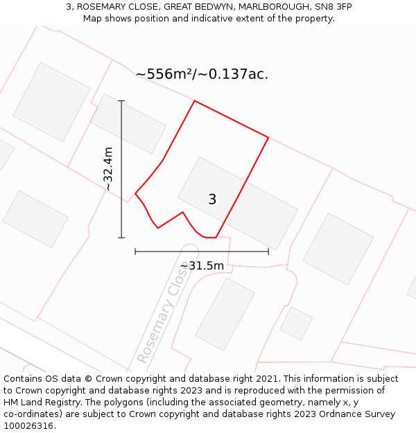 3, ROSEMARY CLOSE, GREAT BEDWYN, MARLBOROUGH, SN8 3FP: Plot and title map