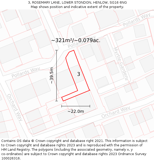 3, ROSEMARY LANE, LOWER STONDON, HENLOW, SG16 6NG: Plot and title map