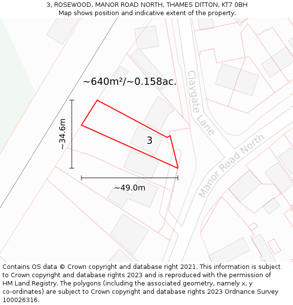 3, ROSEWOOD, MANOR ROAD NORTH, THAMES DITTON, KT7 0BH: Plot and title map