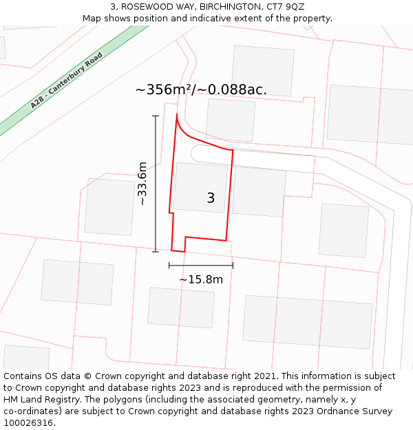 3, ROSEWOOD WAY, BIRCHINGTON, CT7 9QZ: Plot and title map