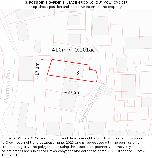 3, ROSSDENE GARDENS, LEADEN RODING, DUNMOW, CM6 1TR: Plot and title map