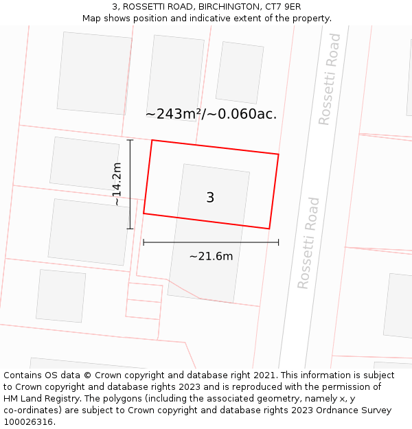 3, ROSSETTI ROAD, BIRCHINGTON, CT7 9ER: Plot and title map