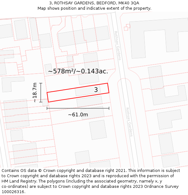 3, ROTHSAY GARDENS, BEDFORD, MK40 3QA: Plot and title map