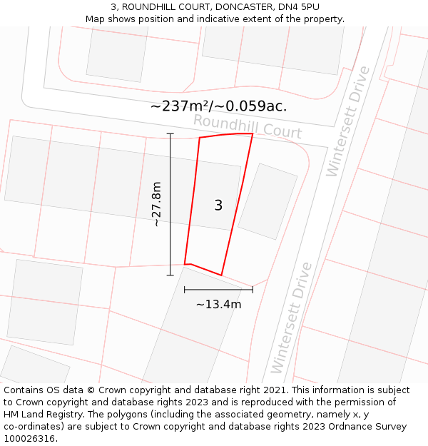 3, ROUNDHILL COURT, DONCASTER, DN4 5PU: Plot and title map