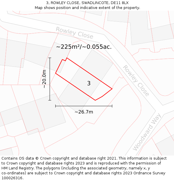 3, ROWLEY CLOSE, SWADLINCOTE, DE11 8LX: Plot and title map