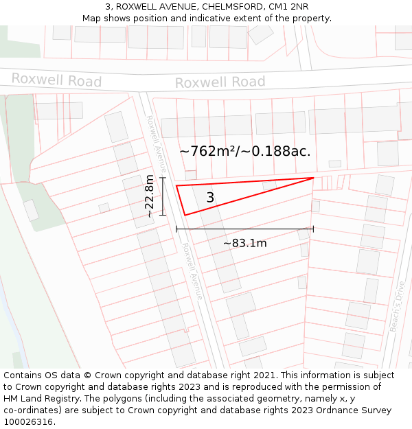 3, ROXWELL AVENUE, CHELMSFORD, CM1 2NR: Plot and title map