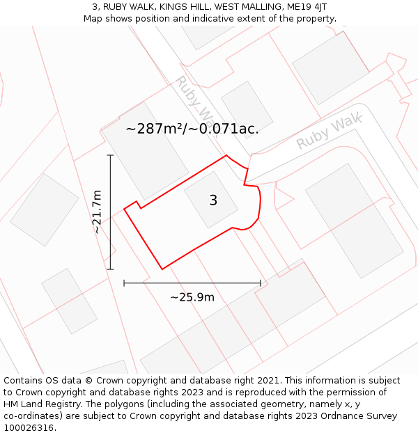 3, RUBY WALK, KINGS HILL, WEST MALLING, ME19 4JT: Plot and title map