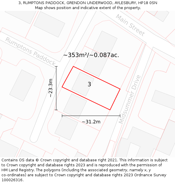 3, RUMPTONS PADDOCK, GRENDON UNDERWOOD, AYLESBURY, HP18 0SN: Plot and title map