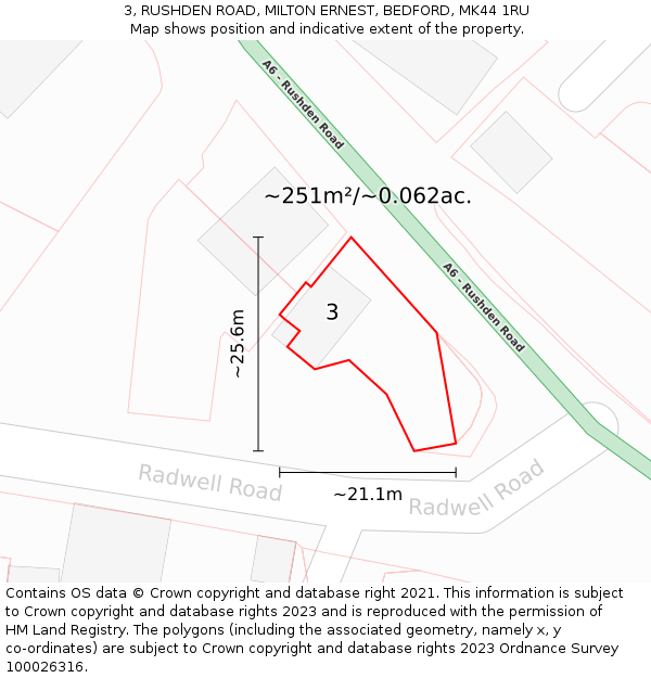 3, RUSHDEN ROAD, MILTON ERNEST, BEDFORD, MK44 1RU: Plot and title map