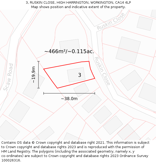 3, RUSKIN CLOSE, HIGH HARRINGTON, WORKINGTON, CA14 4LP: Plot and title map