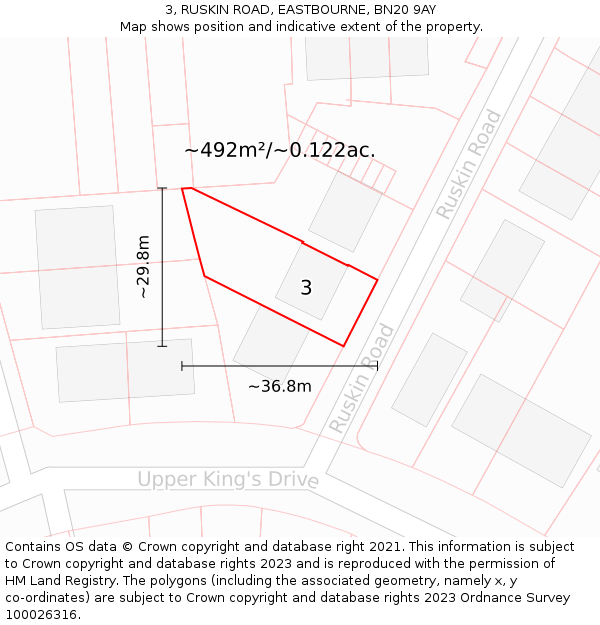 3, RUSKIN ROAD, EASTBOURNE, BN20 9AY: Plot and title map