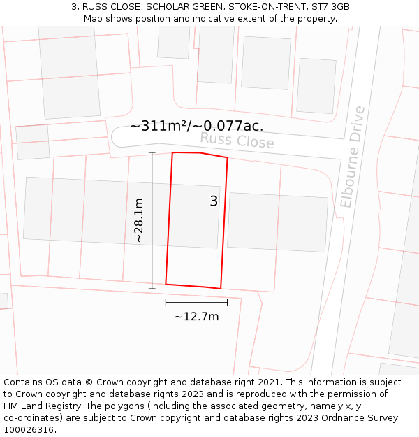 3, RUSS CLOSE, SCHOLAR GREEN, STOKE-ON-TRENT, ST7 3GB: Plot and title map