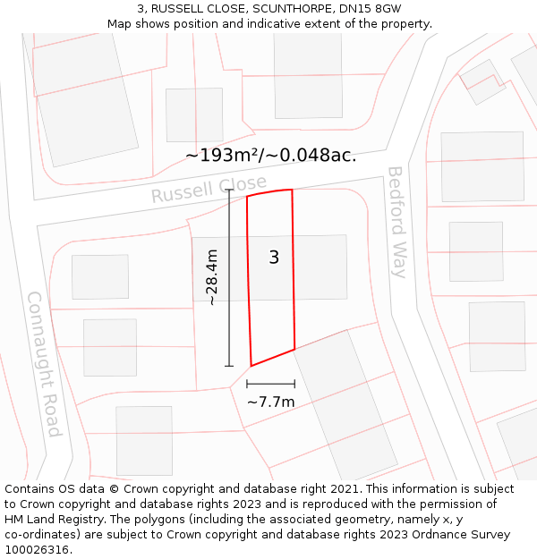 3, RUSSELL CLOSE, SCUNTHORPE, DN15 8GW: Plot and title map