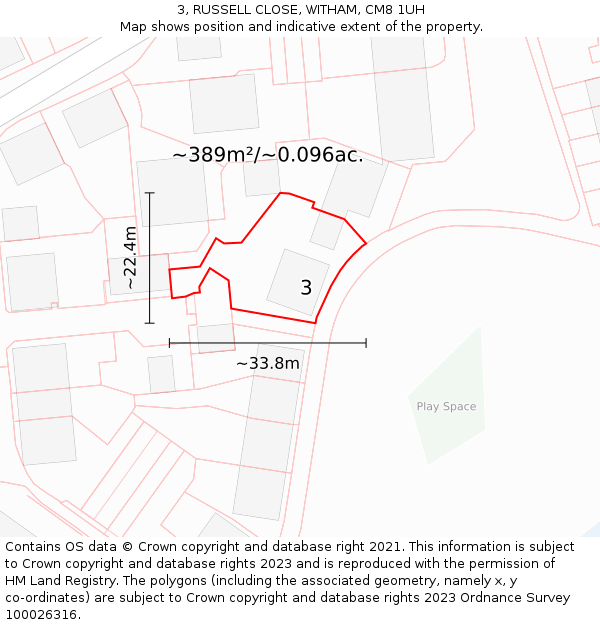 3, RUSSELL CLOSE, WITHAM, CM8 1UH: Plot and title map