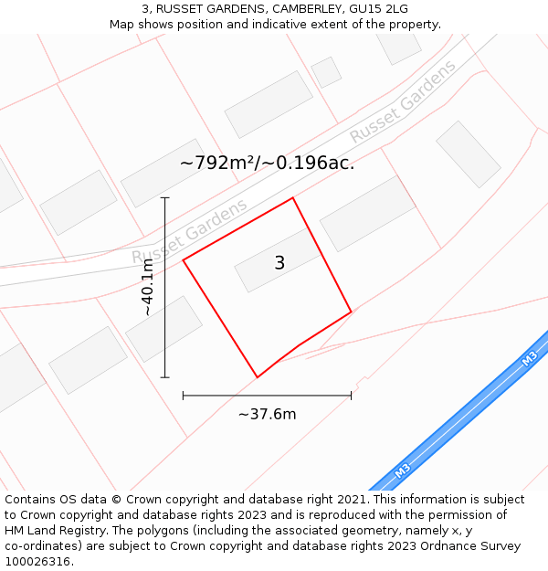 3, RUSSET GARDENS, CAMBERLEY, GU15 2LG: Plot and title map