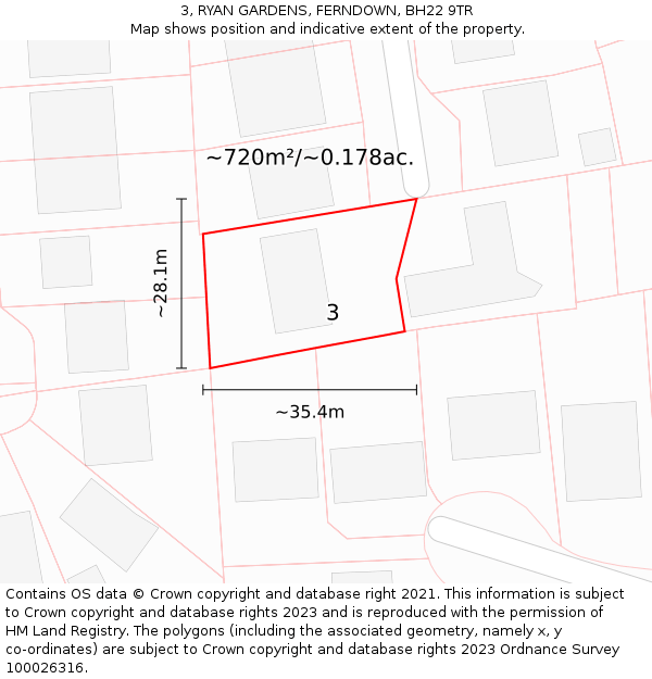 3, RYAN GARDENS, FERNDOWN, BH22 9TR: Plot and title map