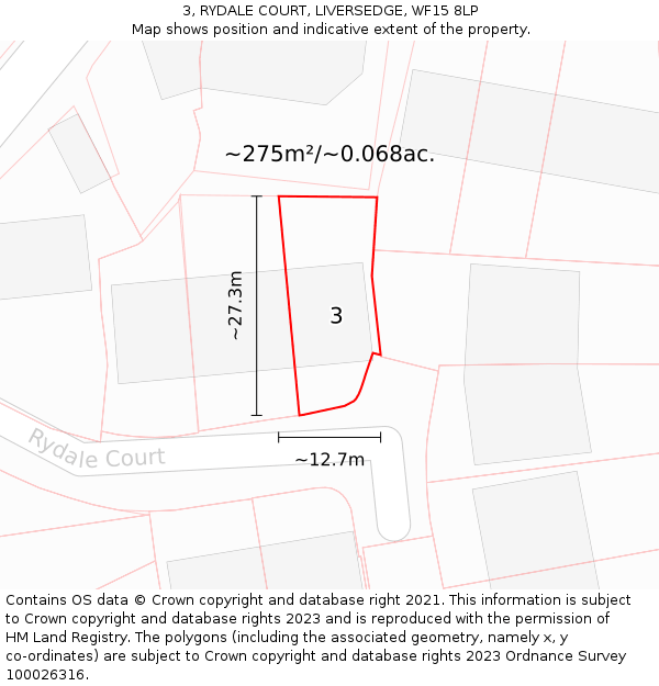 3, RYDALE COURT, LIVERSEDGE, WF15 8LP: Plot and title map