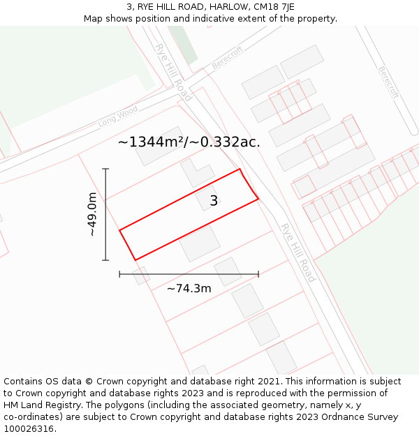 3, RYE HILL ROAD, HARLOW, CM18 7JE: Plot and title map