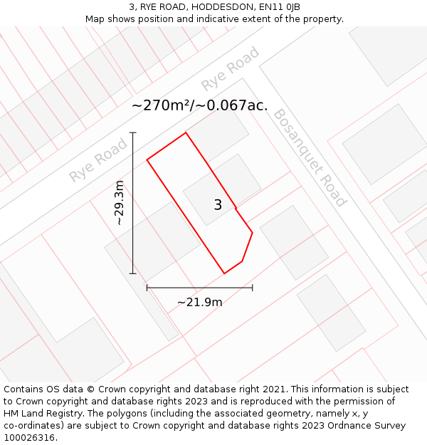 3, RYE ROAD, HODDESDON, EN11 0JB: Plot and title map