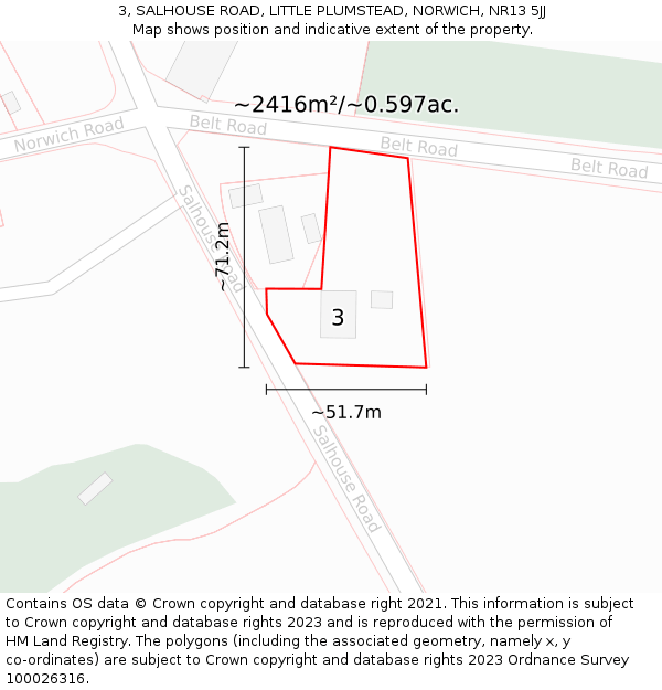3, SALHOUSE ROAD, LITTLE PLUMSTEAD, NORWICH, NR13 5JJ: Plot and title map