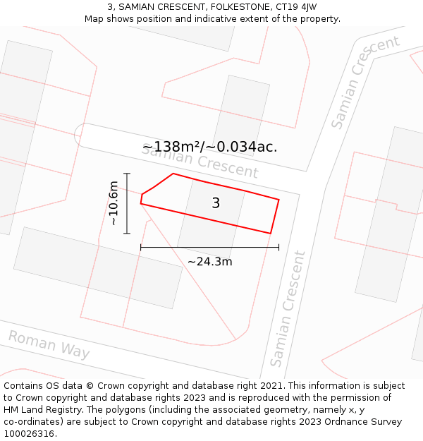 3, SAMIAN CRESCENT, FOLKESTONE, CT19 4JW: Plot and title map