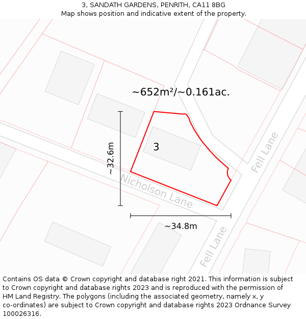 3, SANDATH GARDENS, PENRITH, CA11 8BG: Plot and title map