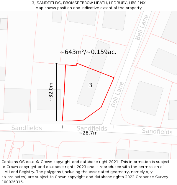 3, SANDFIELDS, BROMSBERROW HEATH, LEDBURY, HR8 1NX: Plot and title map