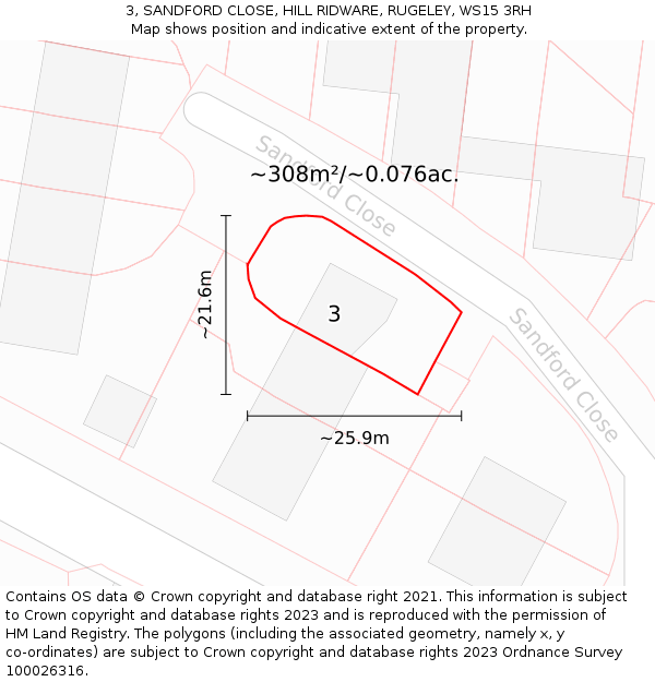 3, SANDFORD CLOSE, HILL RIDWARE, RUGELEY, WS15 3RH: Plot and title map