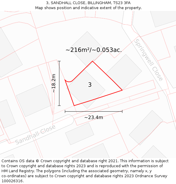 3, SANDHALL CLOSE, BILLINGHAM, TS23 3FA: Plot and title map