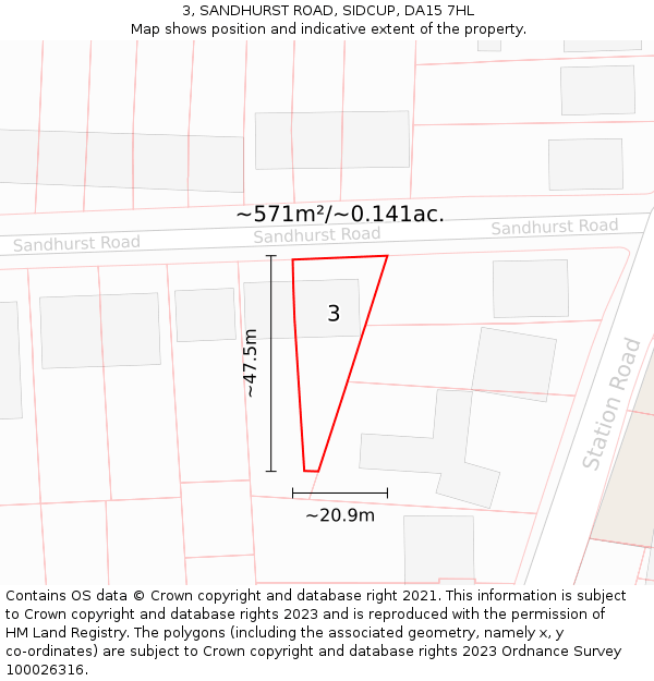 3, SANDHURST ROAD, SIDCUP, DA15 7HL: Plot and title map