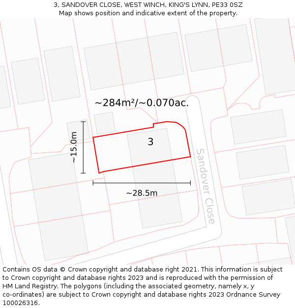 3, SANDOVER CLOSE, WEST WINCH, KING'S LYNN, PE33 0SZ: Plot and title map