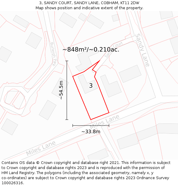 3, SANDY COURT, SANDY LANE, COBHAM, KT11 2DW: Plot and title map