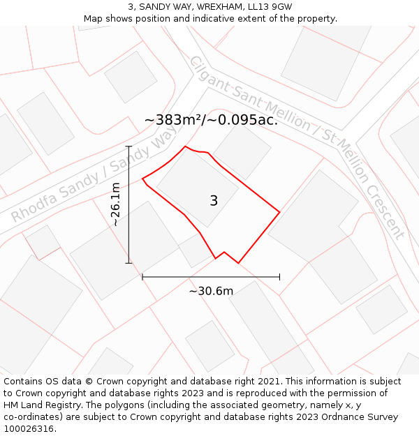 3, SANDY WAY, WREXHAM, LL13 9GW: Plot and title map