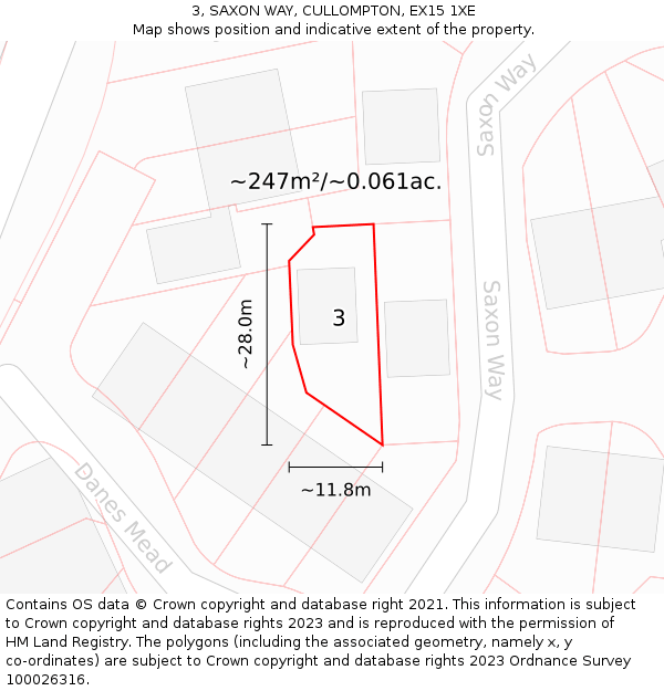 3, SAXON WAY, CULLOMPTON, EX15 1XE: Plot and title map