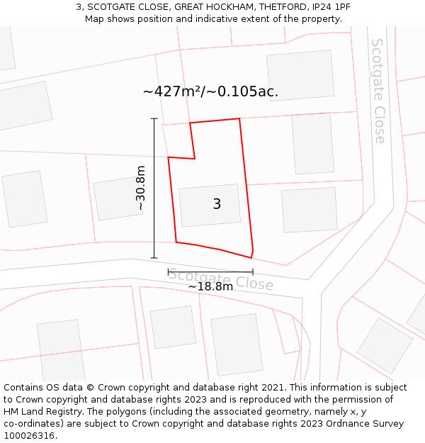 3, SCOTGATE CLOSE, GREAT HOCKHAM, THETFORD, IP24 1PF: Plot and title map