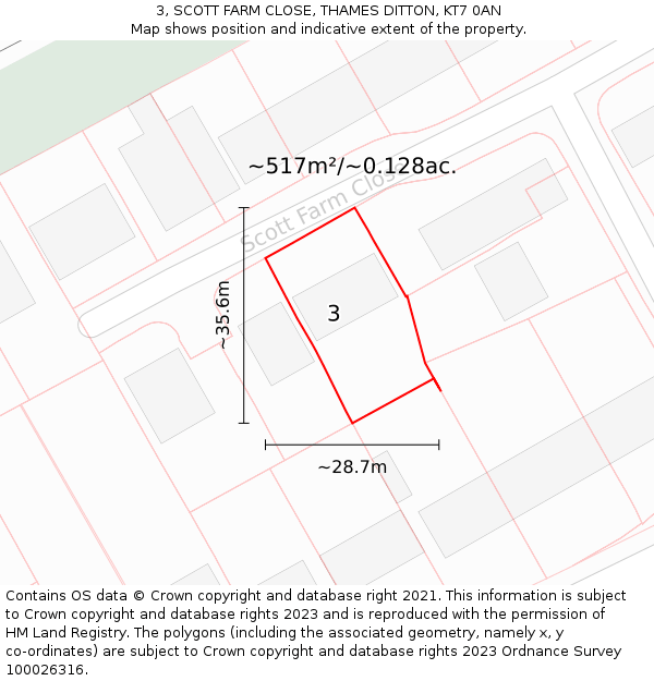 3, SCOTT FARM CLOSE, THAMES DITTON, KT7 0AN: Plot and title map