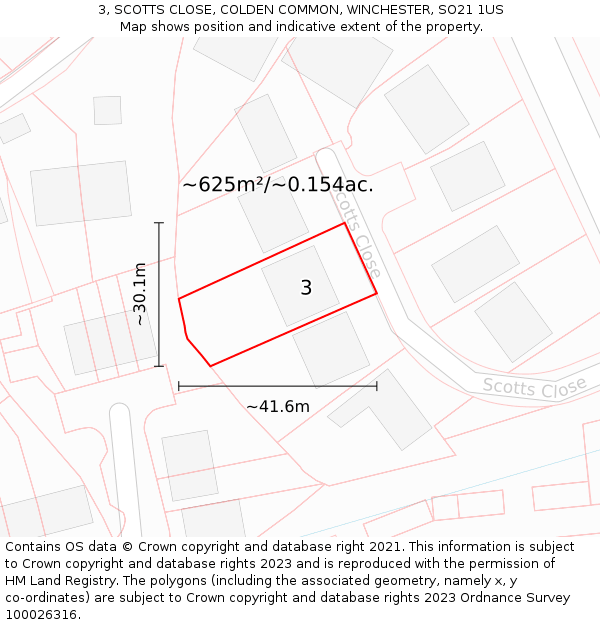 3, SCOTTS CLOSE, COLDEN COMMON, WINCHESTER, SO21 1US: Plot and title map