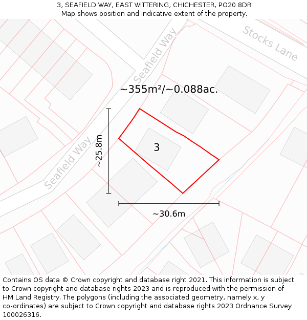 3, SEAFIELD WAY, EAST WITTERING, CHICHESTER, PO20 8DR: Plot and title map