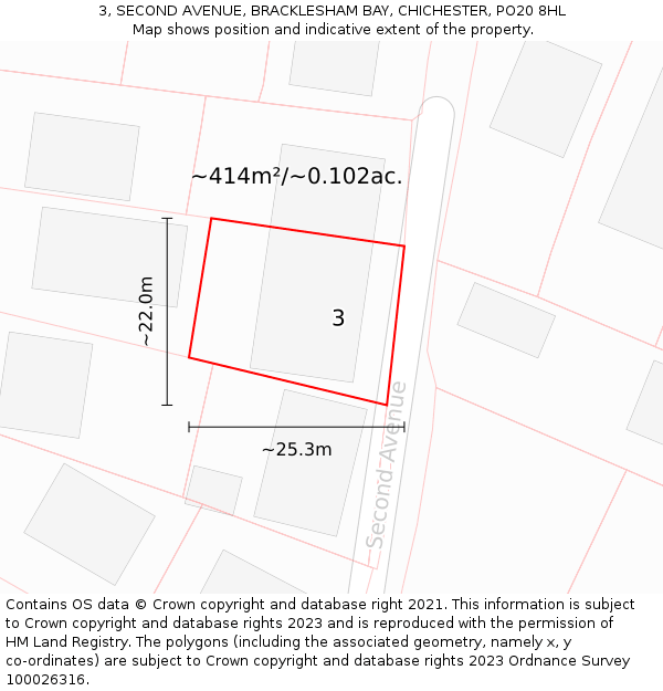 3, SECOND AVENUE, BRACKLESHAM BAY, CHICHESTER, PO20 8HL: Plot and title map