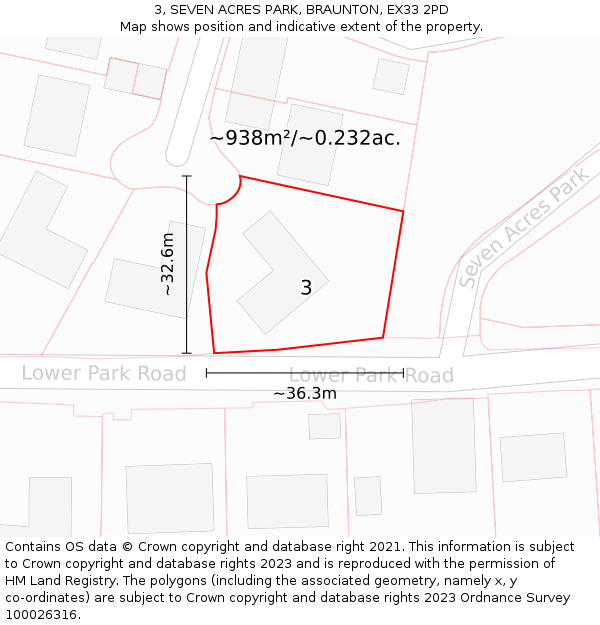 3, SEVEN ACRES PARK, BRAUNTON, EX33 2PD: Plot and title map