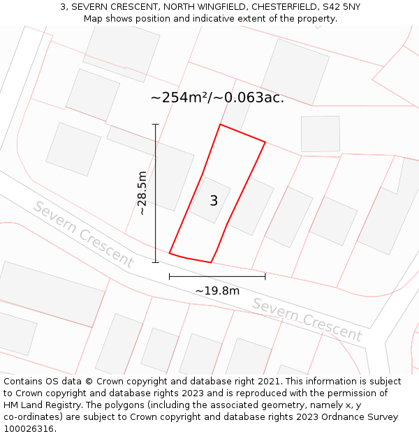 3, SEVERN CRESCENT, NORTH WINGFIELD, CHESTERFIELD, S42 5NY: Plot and title map