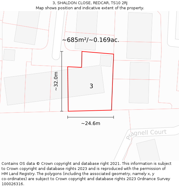 3, SHALDON CLOSE, REDCAR, TS10 2RJ: Plot and title map