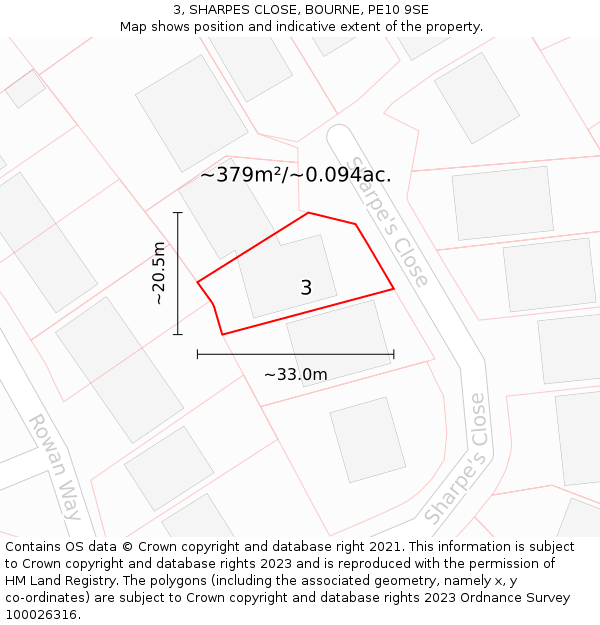 3, SHARPES CLOSE, BOURNE, PE10 9SE: Plot and title map