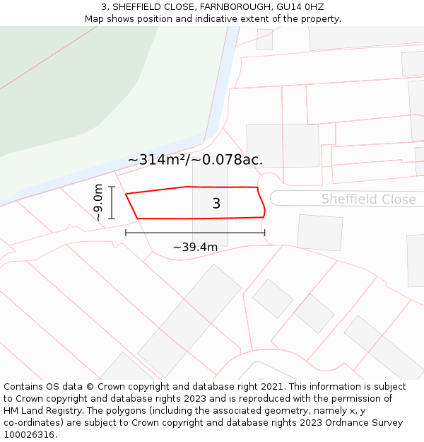 3, SHEFFIELD CLOSE, FARNBOROUGH, GU14 0HZ: Plot and title map