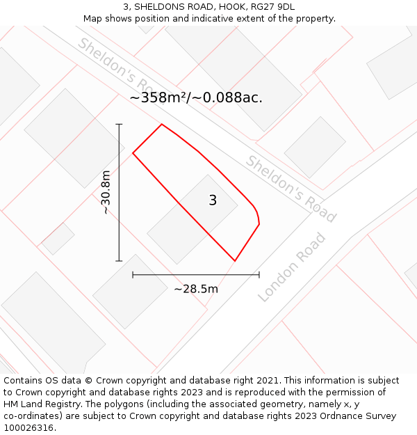 3, SHELDONS ROAD, HOOK, RG27 9DL: Plot and title map