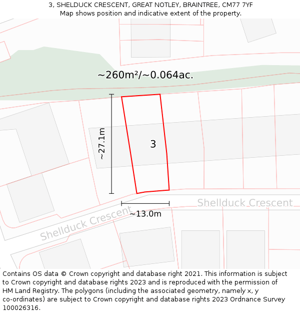 3, SHELDUCK CRESCENT, GREAT NOTLEY, BRAINTREE, CM77 7YF: Plot and title map