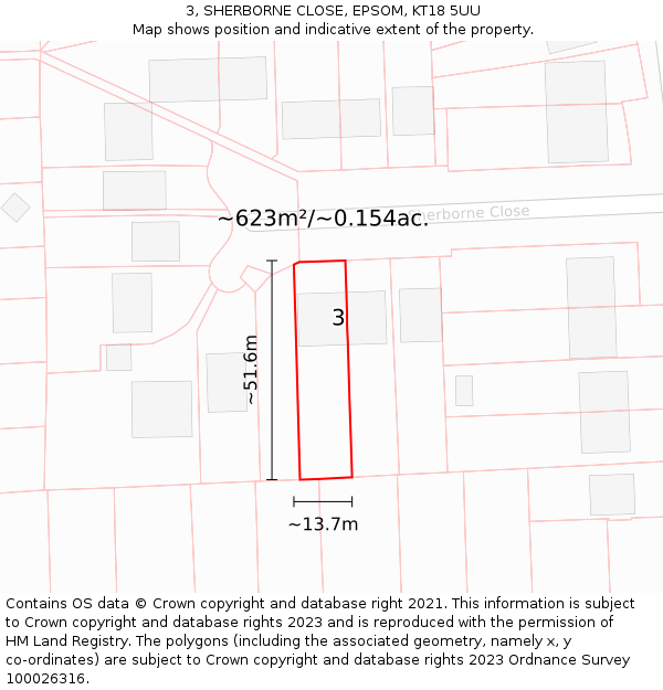 3, SHERBORNE CLOSE, EPSOM, KT18 5UU: Plot and title map