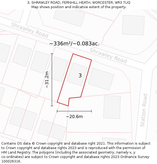 3, SHRAWLEY ROAD, FERNHILL HEATH, WORCESTER, WR3 7UQ: Plot and title map